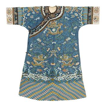 1201. A five clawed dragon kesi robe on blue ground, Jifu, Qing dynasty, 19th century.