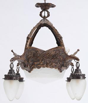 TAKLAMPA, jugend, Alice Nordin, tillskriven, för Böhlmarks Lampfabrik, 1910/20-tal. Totalhöjd: 85 cm.