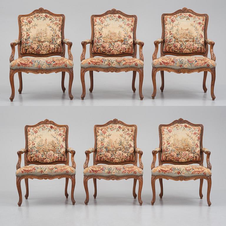 A set of six Louis XV armchairs, mid 18th century.