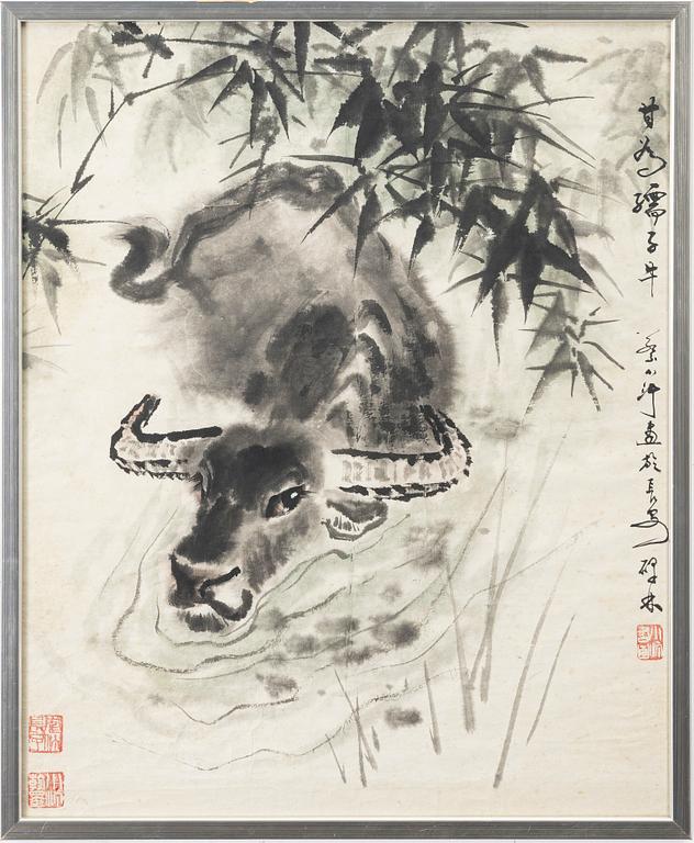 Cai Xiaoting, akvarell, Vattenbuffel, 1900-talets senare del.
