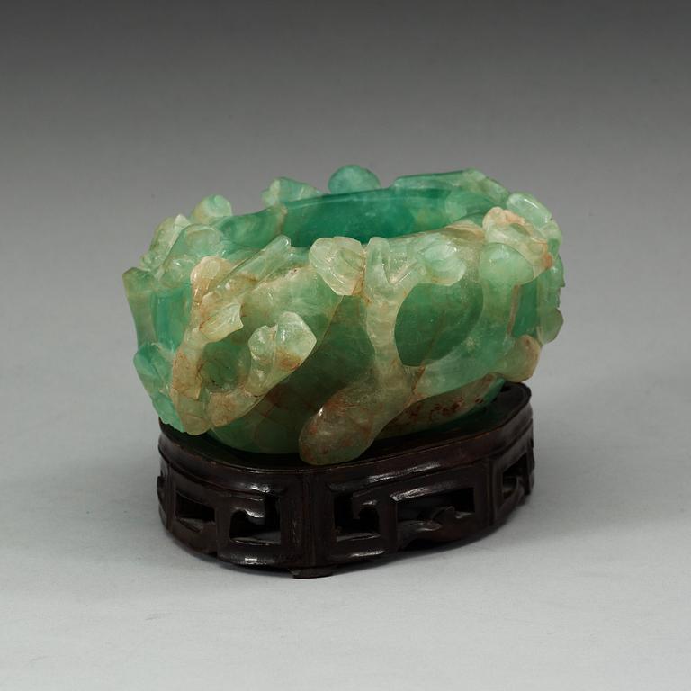 A Chinese green stone brush pot, first part of 20th Century.