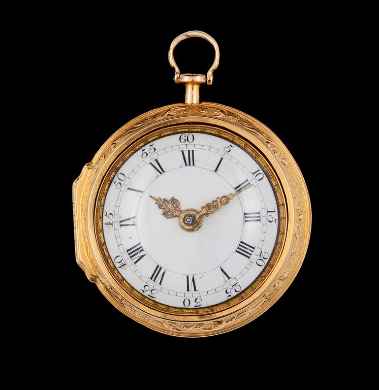 A gold verge repoussé pocket watch, early 18th century.