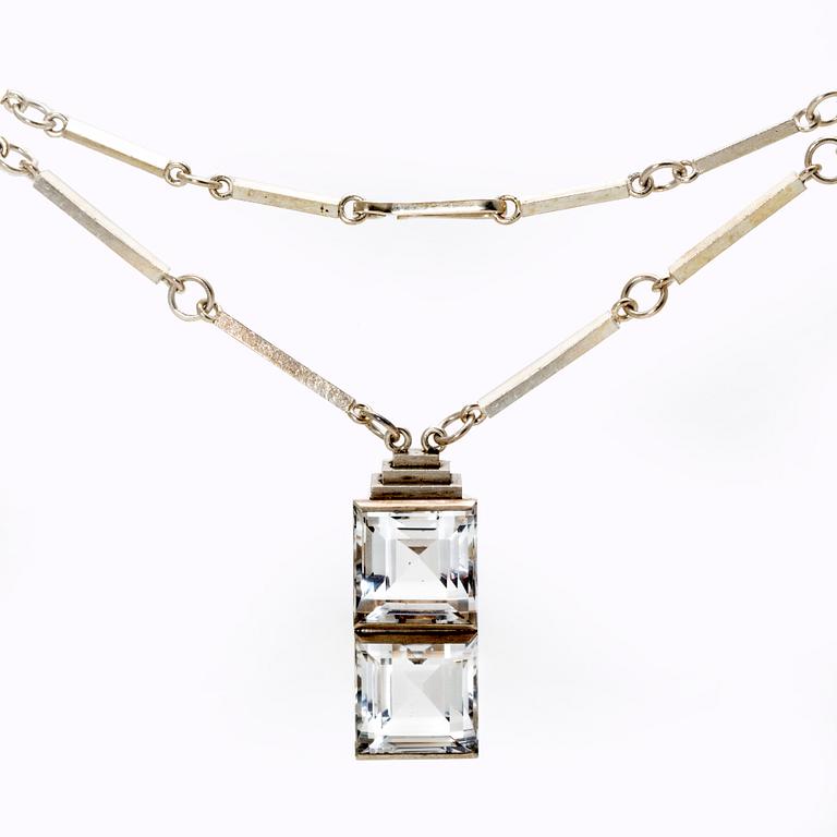Wiwen Nilsson, pendant on chain, sterling silver, two rock crystal sapprox 15 x 15 mm each, Lund 1945.