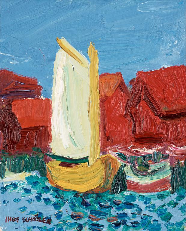 Inge Schiöler, Coastal motif with yellow sailing boat.