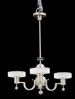 560. A white metal three light hanging lamp, unknown designer, 1930's.