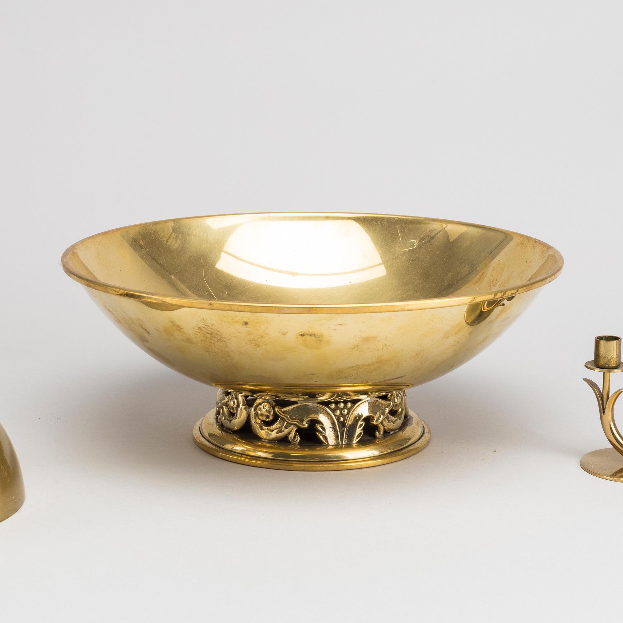 A mid 1950's Ysted Metall brass bowl and 3 candleholders-.