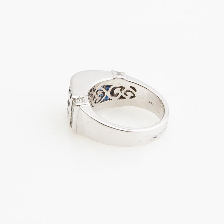 Ring, 18K white gold with baguette-cut diamonds and princess-cut sapphires.