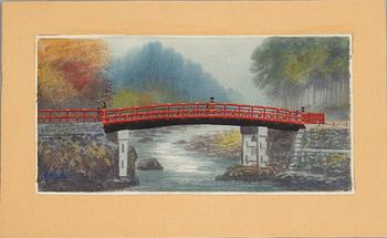 Seki, two watercolours, "Moonlit Temple" and "Bridge in Autumn Landscape", Japan 20th century.