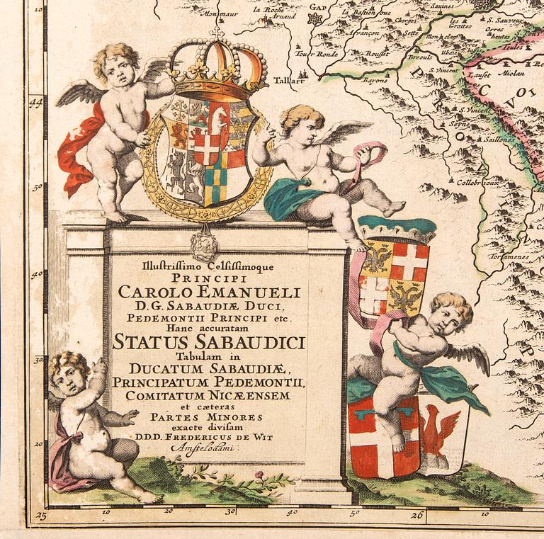 Frederik de Wit, map Savoy & Piemonte, hand colored copperengraving, Amsterdam 1680s.