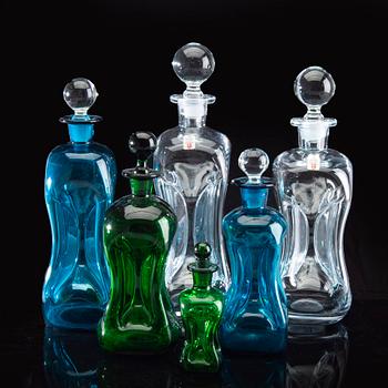 Holmegaard, karaffer/kluckflaskor 6 st 1900-talets slut glas.