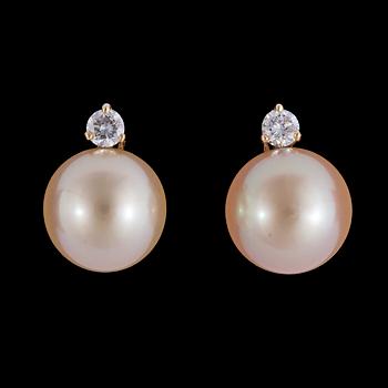 A pair cultured of golden South sea pearl, 13,8 mm, and brilliant cut diamond earrings, tot. 0.60 cts.