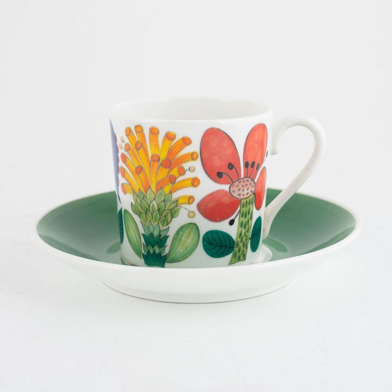 Stig Lindberg, five "Tahiti" bone china coffee cups with saucers, Gustavsberg, Sweden, 1970's.