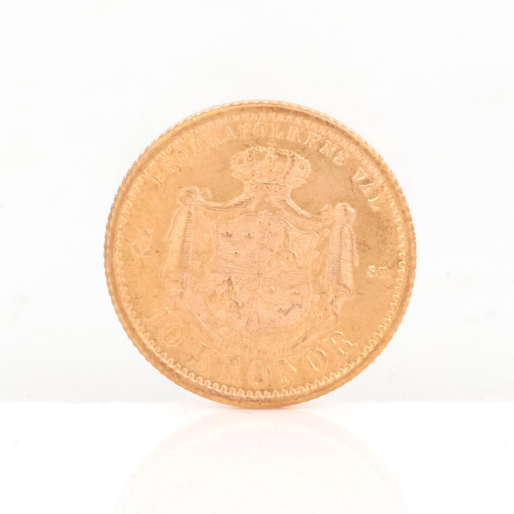 GULDMYNT, 10 kronor, Oscar II av Sverige och Norge 1874. Vikt ca 4,5 gram.