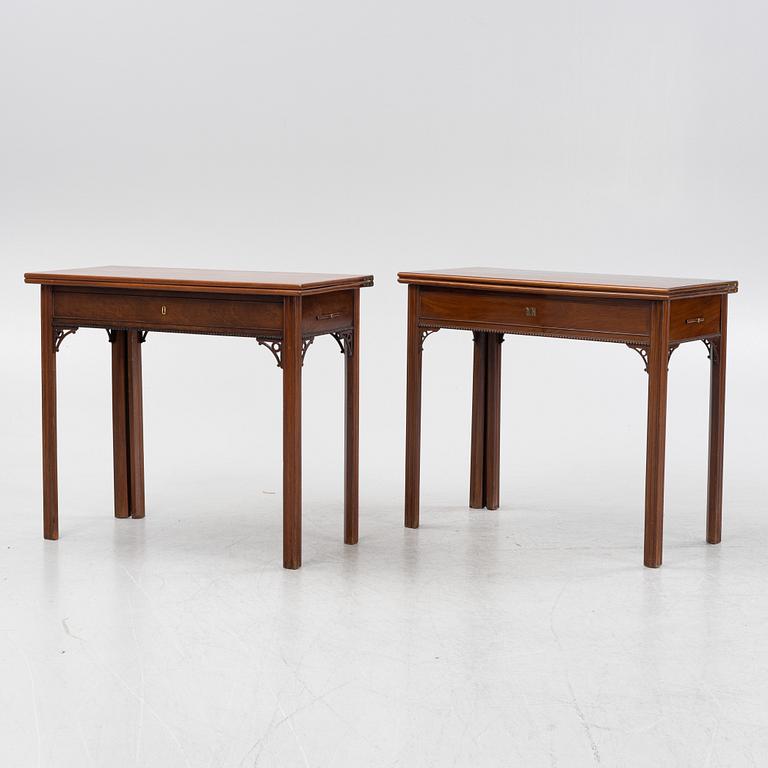 A macthed pair of late Gustavian mahogany veneered card tables one by C D Fick, Stockholm 1776-1806.