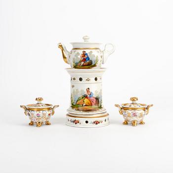 Teapot with heating stand and a couple of miniature tureens, mid-19th century.