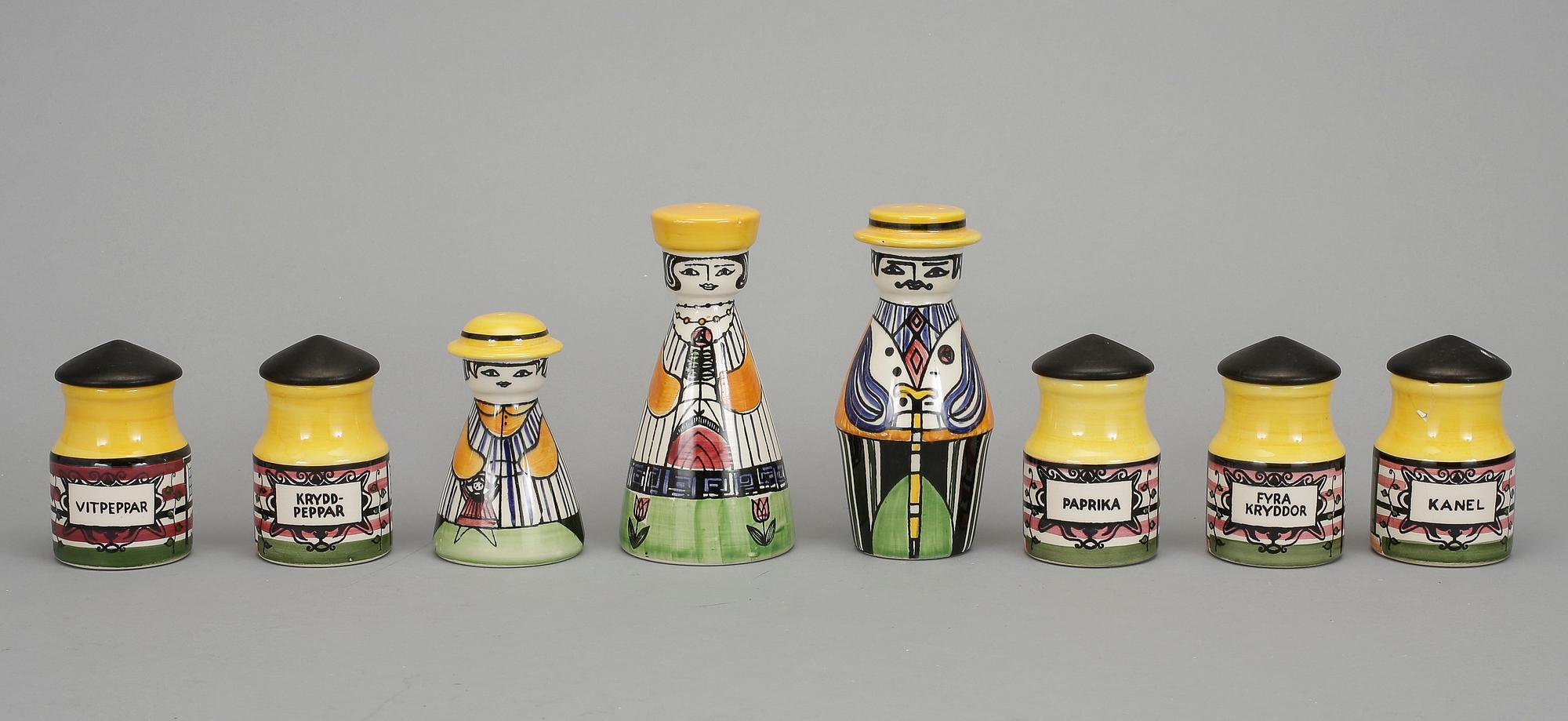 SALT, PEPPARKAR, samt KRYDDBURKAR, 8 delar, flintgods, Anita Nylund, JIE Gantofta, 1900-talets andra hälft.
