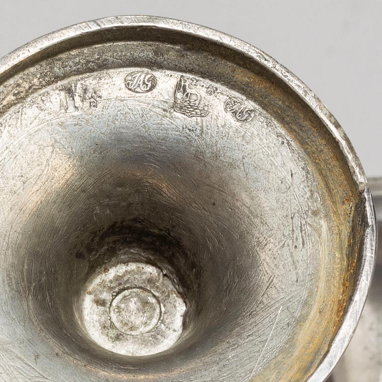 Two pair of Swedish pewter candlesticks, early 19th century and ca 1900.