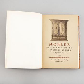 Böcker, 6 st, möbler, klockor och konsthantverk, bl.a. "Möbler och Heminredning i svenska bygder" I-II, Sigurd Erixson.