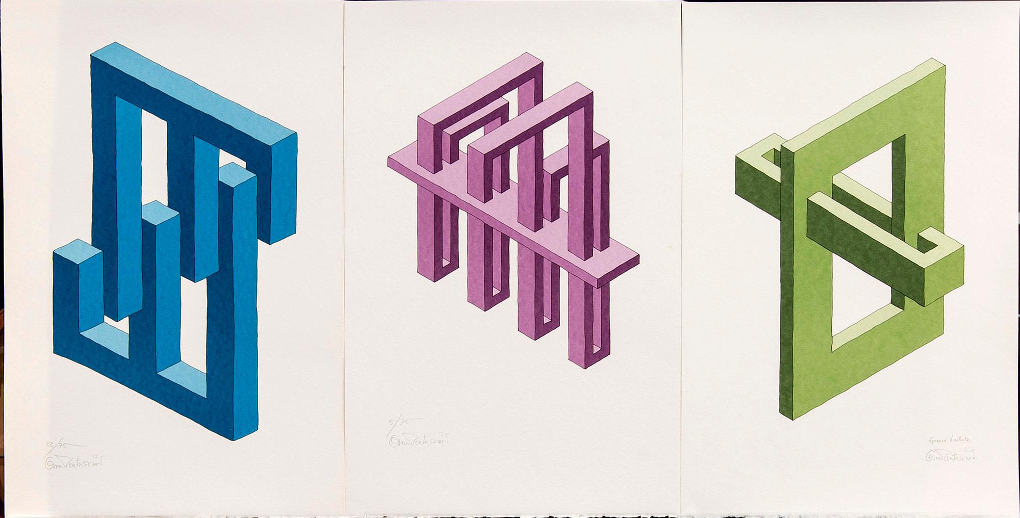 Oscar Reutersvärd, färglitografier tre st, signerade 5/75, 22/75 & HC.