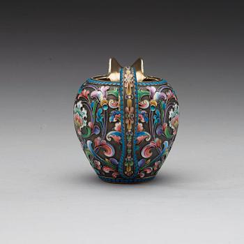 A Russian 20th century silver-gilt and enamel kovsh, marks of the 11th Artel, Moscow 1908-1917.