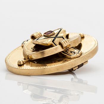 Brosch, 18K guld och granatglasdublett, Johan Edvard Fagerroos, Helsingfors 1874.