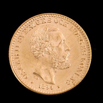 GULDMYNT, 10 kronor, Oscar II, 1894.  Vikt ca 5 gram.