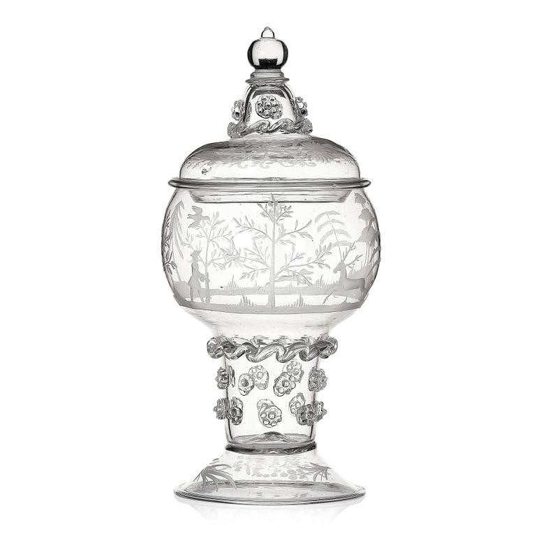 A lidded and engraved roemer from Kungsholms glasbruk, first part of the 18th century.