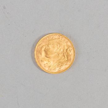 Coin Helvetia 1947 gold, diameter ca 21 mm, weight ca 6,4 gr.