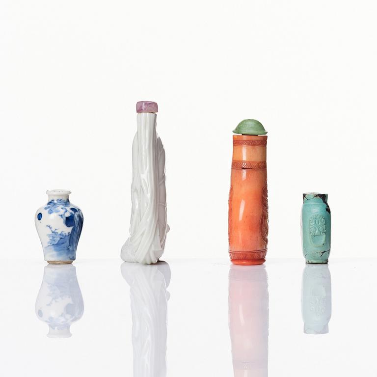 A set of three Chinese snuff bottles and a Chinese miniature vase.