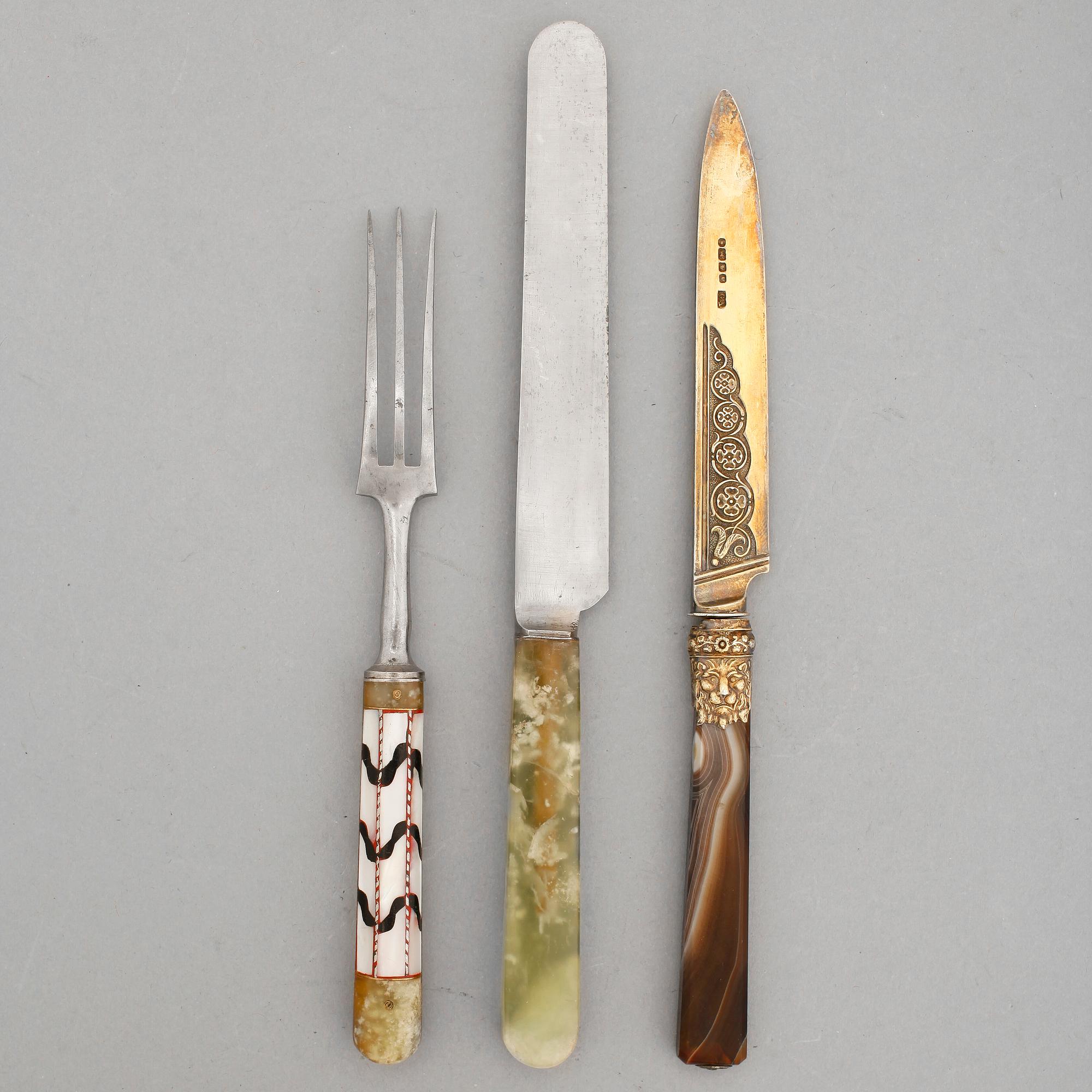 BESTICK, 3 delar, silver samt sten och metall, bl.a 1800-talets första hälft, England.