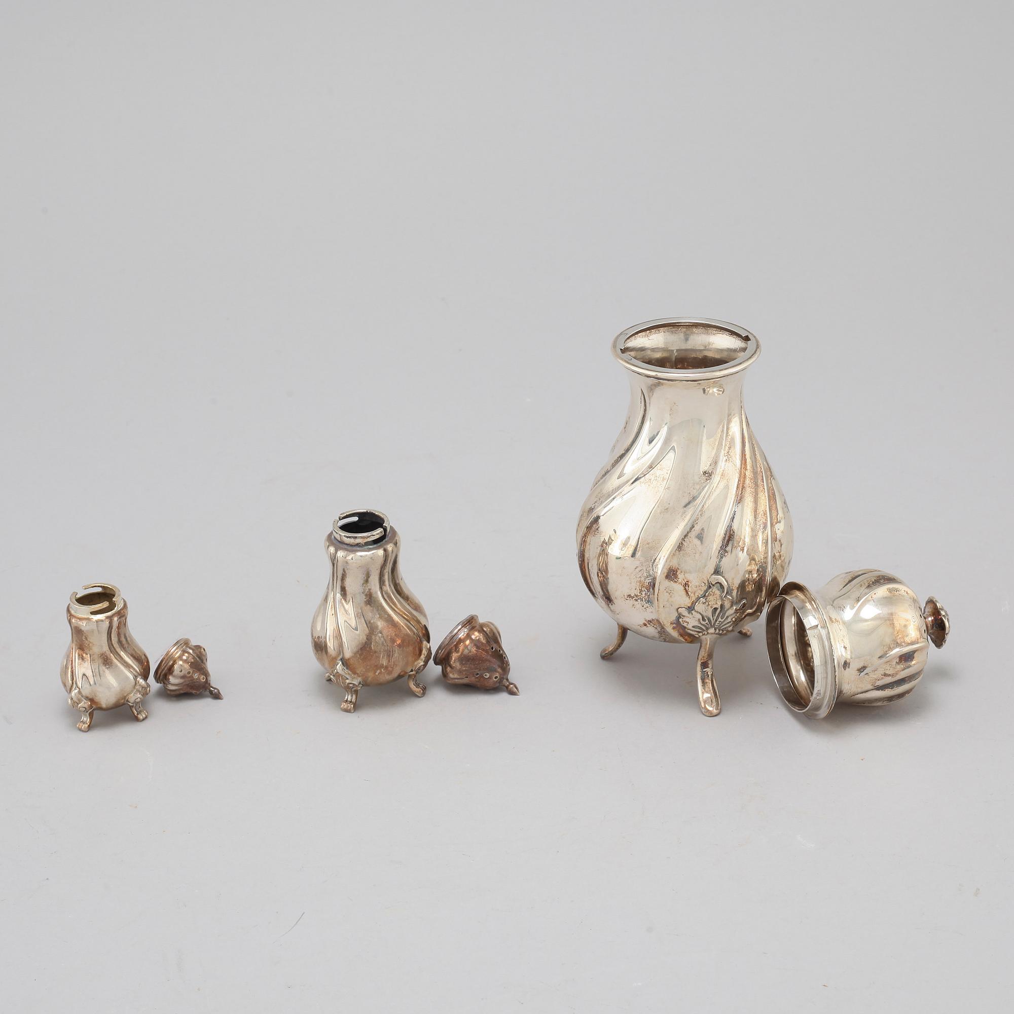 Three silver shakers and chalice, K. Anderson and import marks, first half of the 20th century.