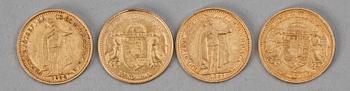 MYNT, 4 st, guld 21K, 10 Korona, Österrike-Ungern. 1898-1904. Totalvikt ca 13 gram.