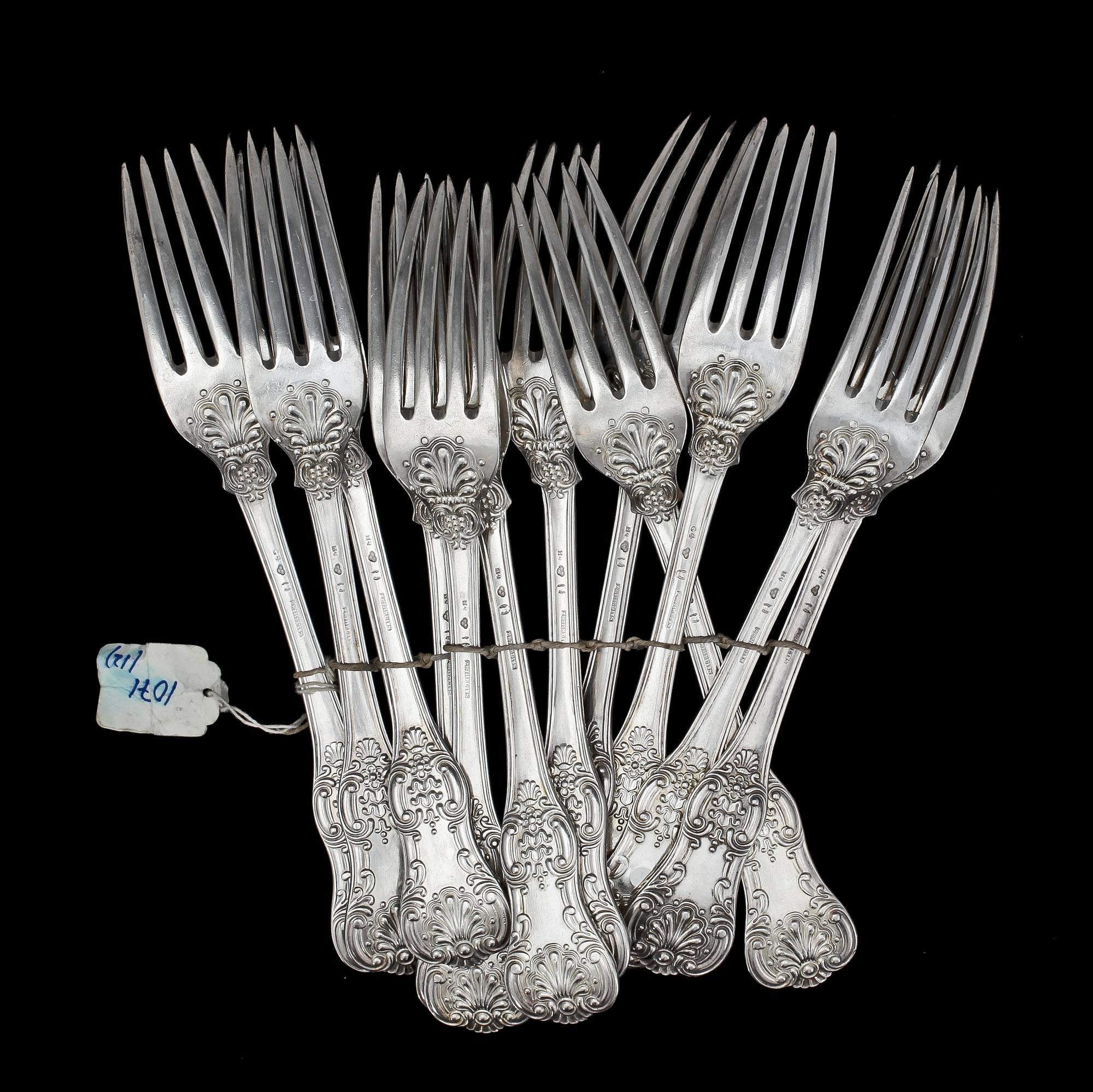 MATGAFFLAR, 12 st, silver, "Engelsk snäck", Adolf Zethelius, Stockholm, 1837-38. Ca 970 g.