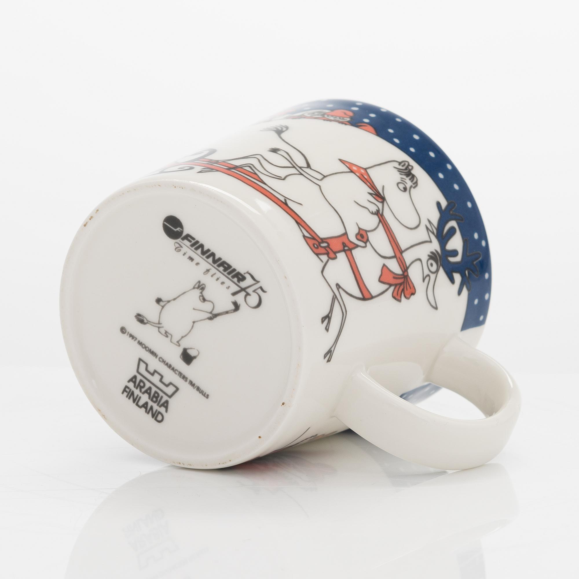 A Moomin Finnair 75 Anniversary mug, vitro porcelain, Moomin Characters, Arabia, Finland 1998.