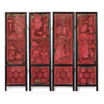 638. A four panel lacquer screen, Qing dynasty, 19th Century.