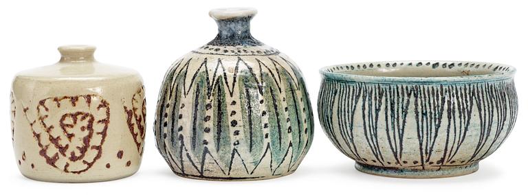 An Anders Bruno Liljefors set of two stoneware vases and a bowl, Gustavsberg studio 1952.