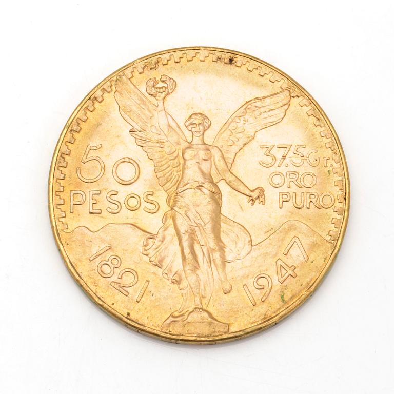 MEXICAN 50 PESOS GOLD COIN, 21,6ct, 1947. Ca 42 grams.