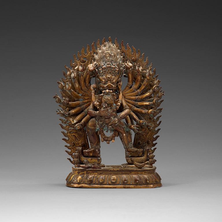 A bronze figure of Yamantaka Vajrabhairava and consort, Tibeto-Chinese, circa 1900.