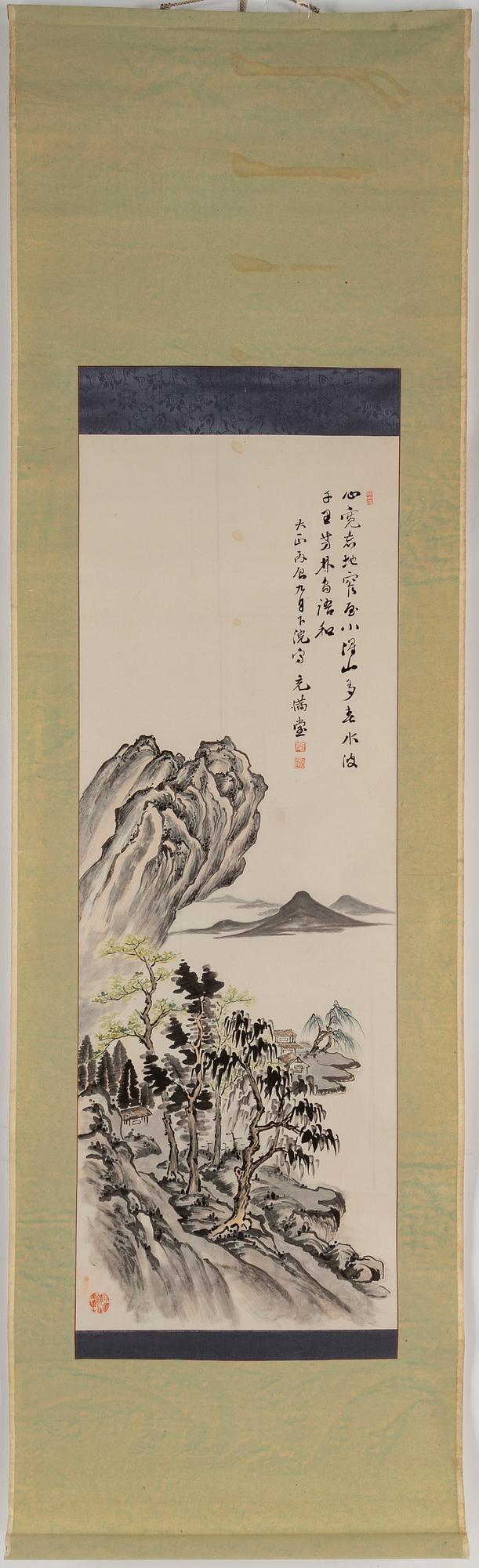 Three Japanese hanging scrolls, ink and colour on paper, signed incl. 充满唐 and dated 1920.