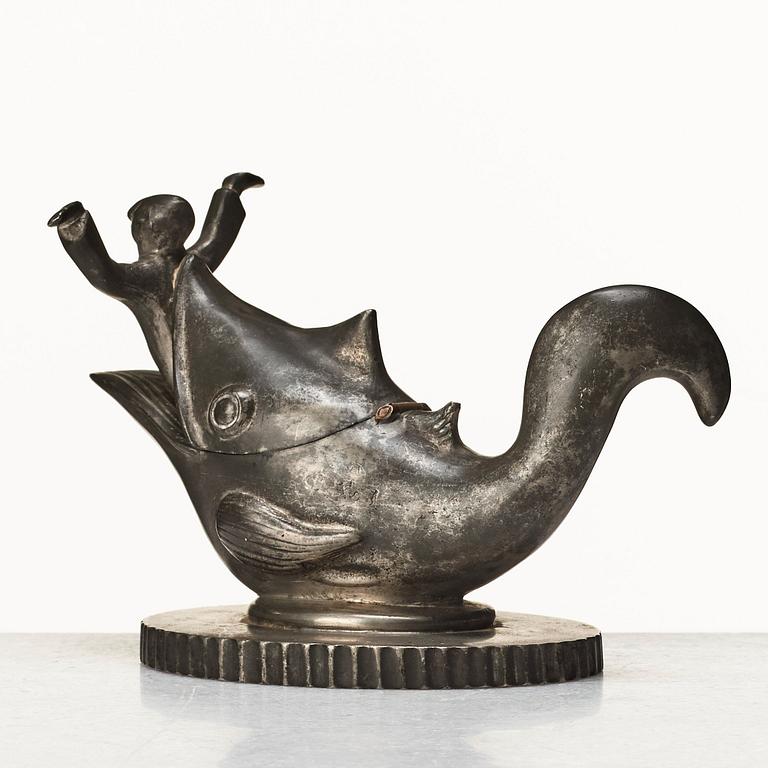 Carl Milles, a pair of pewter candlesticks and inkwell, Herman Bergman, 1930, the model exhibited at the Stockholm Exhibition.