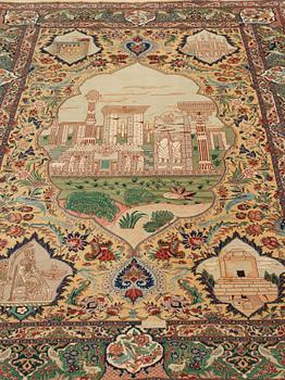 A carpet, old Tabriz part silk figural, ca 263,5 x 177 cm.