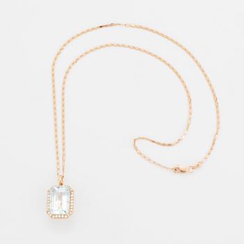 Emerald-cut aquamarine and brilliant-cut diamond necklace.