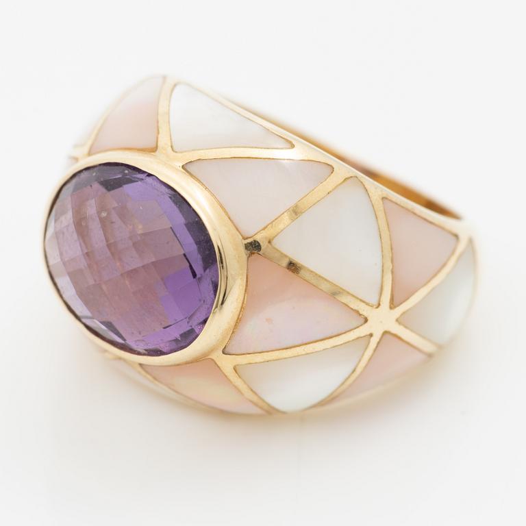 14K gold ring with mother-of-pearl and an oval checker-cut amethyst.