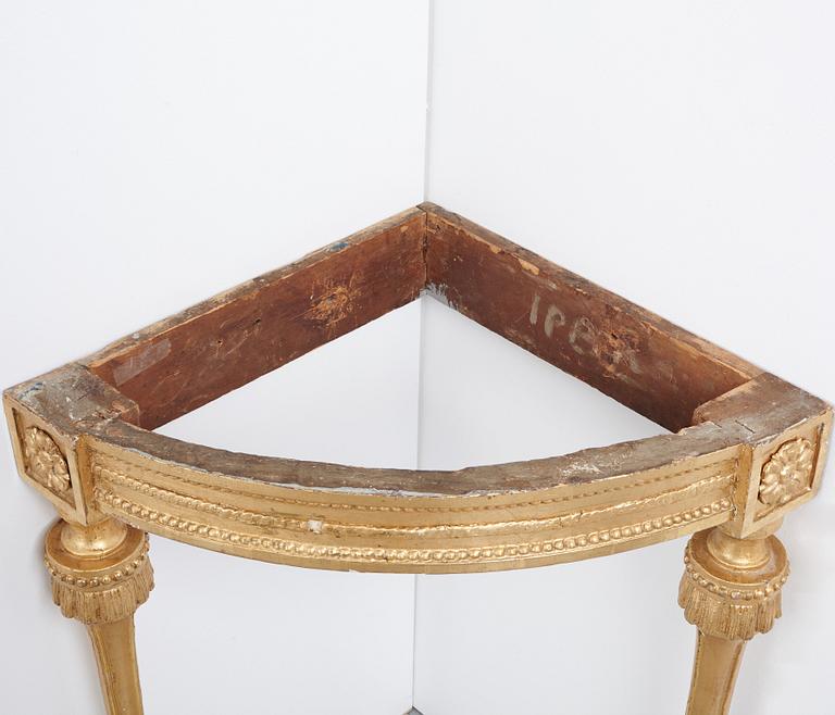 A pair of Gustavian late 18th century corner console tables.