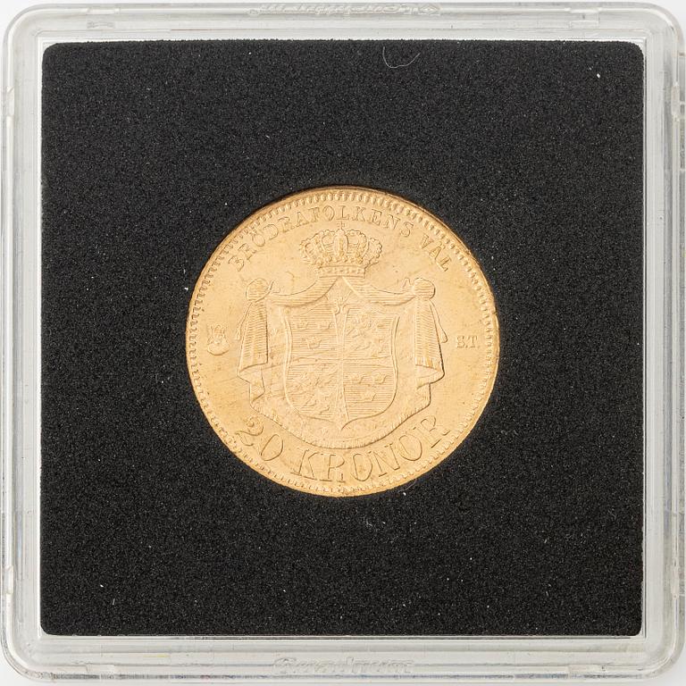 Gold coin, Oscar II, 20 kronor, type I, Sweden 1875.