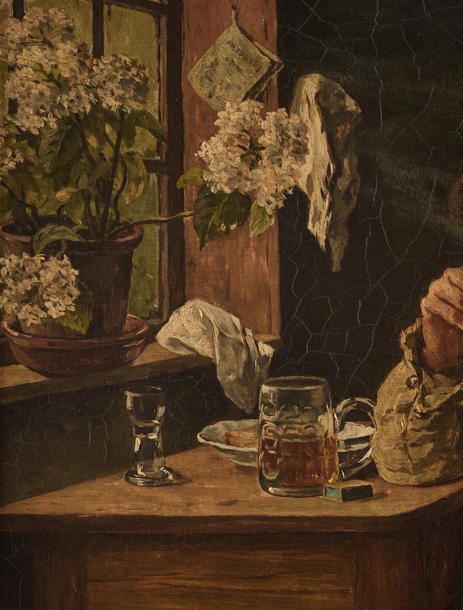August Jernberg, Interior with man lighting his pipe.