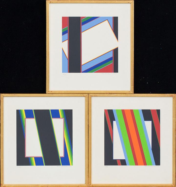 THREE PETER FREUDENTHAL, COLOURED PRINTS signed, dated 1975 and numbered 14/36.