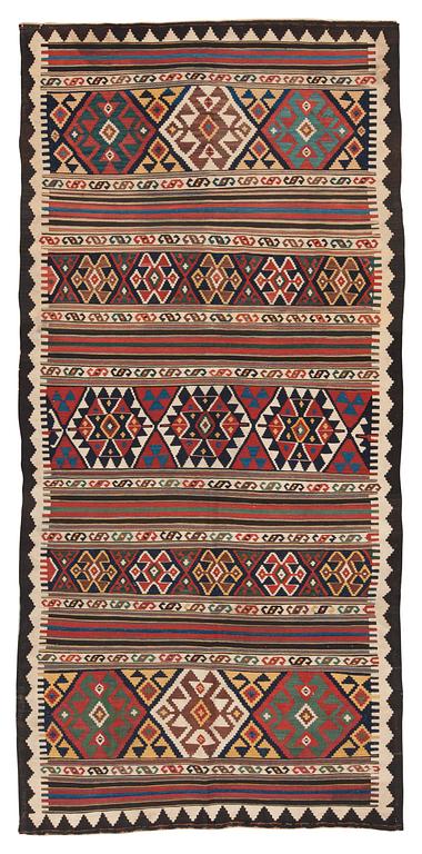 CARPET. Antique Shasavan Kilim. 317 x 148 cm.