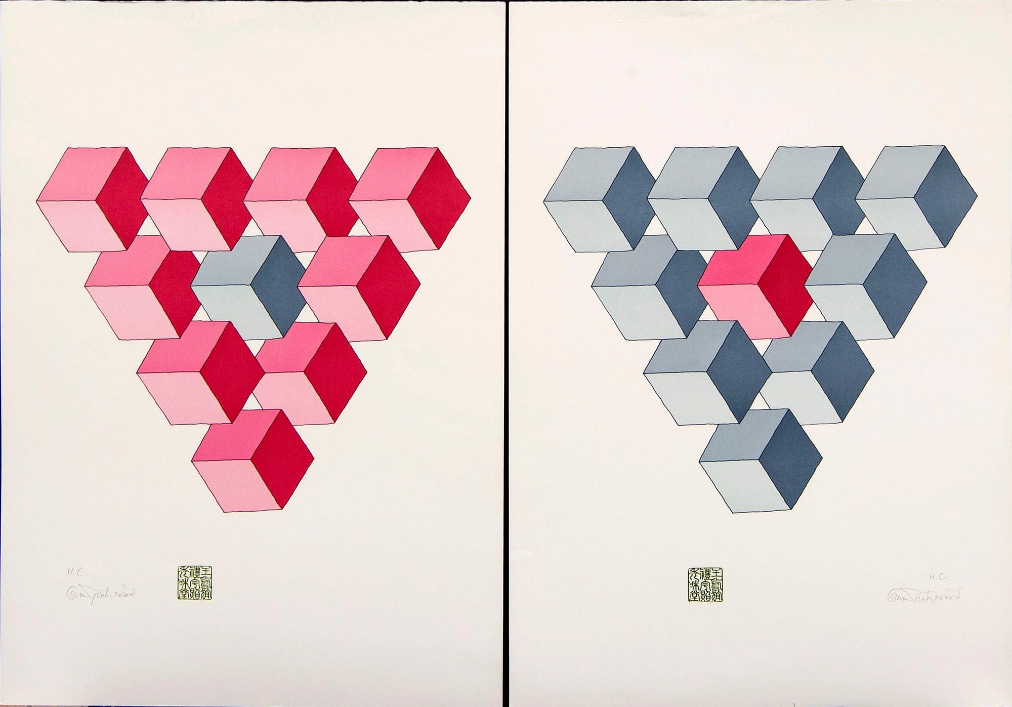 Oscar Reutersvärd, two color lithographs, signed HC.