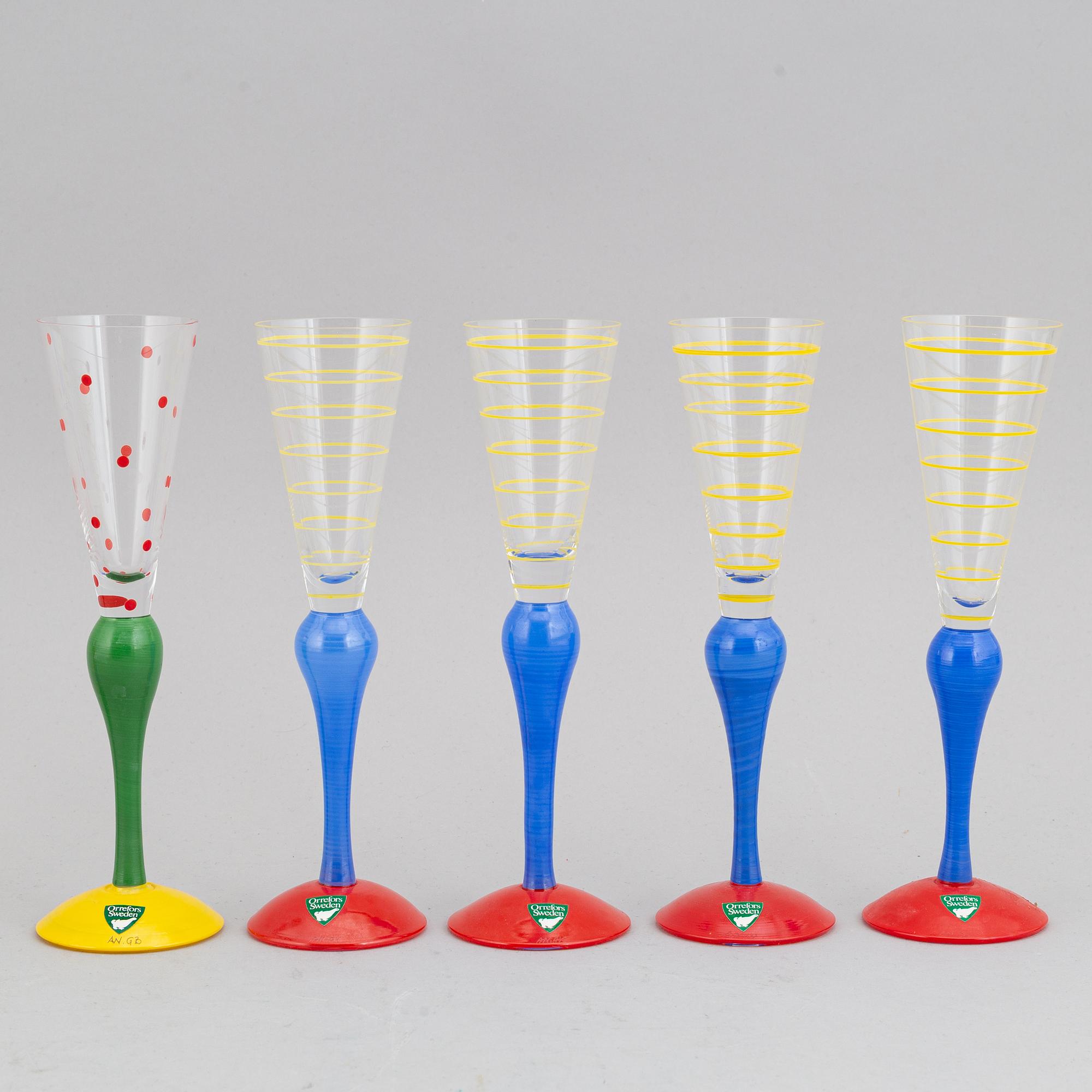Anne Nilsson,  a set of10 glasses and decanter, "Clown", Orrefors.
